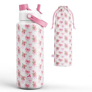 Imagem de POWCAN Garrafa de água isolada de 1,134 g com canudo 2 em 1 e tampa de bico, mantenha frio 24H, à prova de vazamento, livre de BPA, garrafa de água de aço inoxidável de parede dupla para esportes