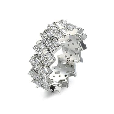 Imagem de hsiyyecg Aliança de casamento moderna redonda e corte baguete banhado a prata zircônia cúbica aliança eternidade para homens mulheres tamanho 10, 9, 8, 7, 6 (EUA 6)