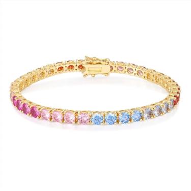 Imagem de GEMSME Pulseira feminina de tênis de 4,0 mm - pulseira de zircônia cúbica arco-íris, banhado a ouro branco 14 quilates, multicolorido, corte redondo, zircônia cúbica para presente de joias, 7 inch