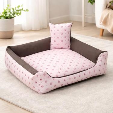 Imagem de Cama + Almofada Pet Luxo Média Impermeável com Zíper 50x50x15 cm Poliéster e Algodão para Cães e Gatos até 12kg Rosa