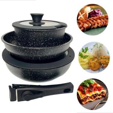 Imagem de Jogo Panelas Antiaderente Preta Cabo Removível Com Fundo Triplo e Reve