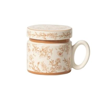 Imagem de Caneca de café doméstica com tampa, 1 conjunto de cerâmica multicolorida à prova de poeira, capacidade de 364 g para decoração de copos de café da manhã de leite de escritório (rosa)