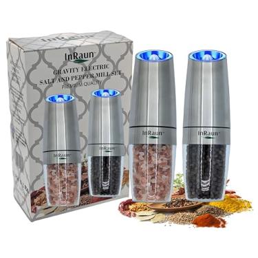 Imagem de Conjunto elétrico de moedor de sal e pimenta, moedores de pimenta e sal de aço inoxidável, grossura ajustável, alimentado por bateria com luz LED, operação automática com uma mão, prata (2Psc)