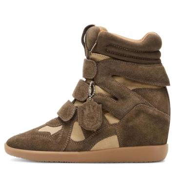 Imagem de Dsevht Tênis feminino de salto alto com salto alto plataforma de camurça com tiras triplas, casual, vintage, elegante, confortável, campus, moderno, retrô, Cinzento-acastan, 38