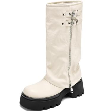 Imagem de TEAIEUI Botas femininas dobráveis, plissadas, largas, de panturrilha, plataforma grossa, adequadas para andar de moto rave, uso casual, Branco, 39