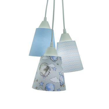 Imagem de Lustre Pendente Luminária Bebê Tecido Balão Tons De Azul E Cinza Bivolt