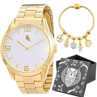 Imagem de Relogio Feminino Dourado Aço Inox + Caixa + Pulseira Pandora