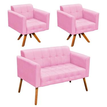 Imagem de Kit 01 Namoradeira E 02 Poltronas Elisa Suede Rosa Bebê