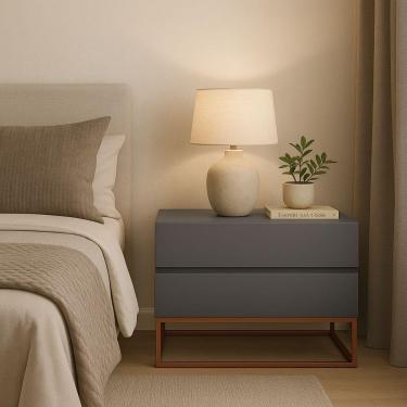 Imagem de Mesa De Cabeceira Retrô Alto Padrão Com 2 Gavetas Base Cobre Cinza