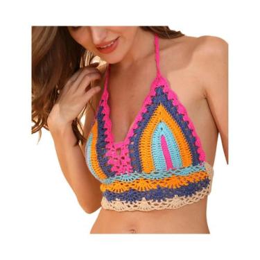 Imagem de Top De Biquíni Preto Em Crochê Para Mulheres, Modelo Triângulo Vazado,