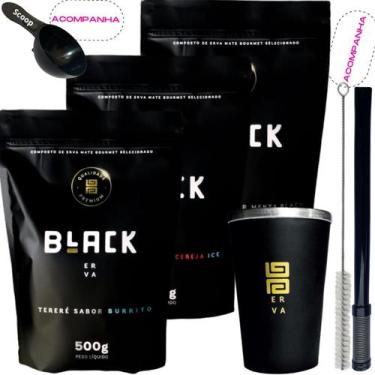 Imagem de Kit 3 Pacotes Black Erva Mate Tereré + Copo de Alumínio Térmico + Bomb