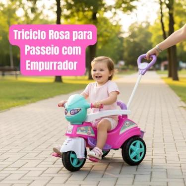 Imagem de Triciclo Motoca Motoquinha Infantil Rosa Para Passeio Com Empurrador C