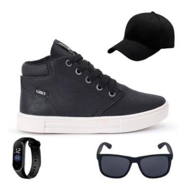 Imagem de Tenis Botinha Infantil Meninos Casual Cano Alto Confortavel + Bone Oculos Relogio-Masculino