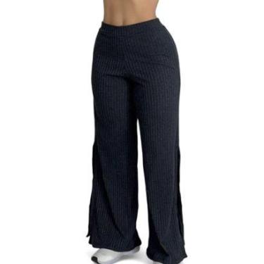 Imagem de Calça Feminina Wide Leg Pantalona Cintura Alta Tecido Canelado com Fenda Angélica-Feminino