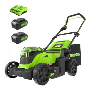 Imagem de Cortador de Grama Elétrico Greenworks 48V 2 x 24V 17", Inclui 2 Baterias 4.0Ah e Carregador Rápido de Dupla Porta, Ideal para Jardins de