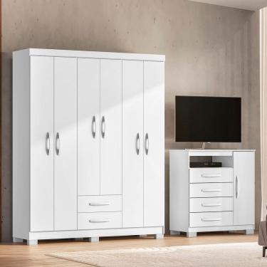 Imagem de Guarda-Roupa 6 Portas 2 Gavetas e Cômoda Sapateira Itapema Branco