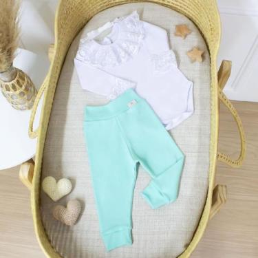 Imagem de Conjunto Bebê Verde Body Renda Gola e Manga com Calça 100 Algodão Toqu