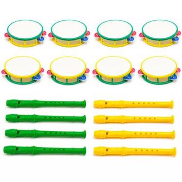Imagem de Kit 8 Pandeiro 8 Flauta Infantil Brasil Festa Copa Criança Musical Lem