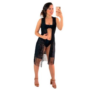 Imagem de Saída De Praia Feminino Quimono Babadinho Regatinha - Missatti, Preto,