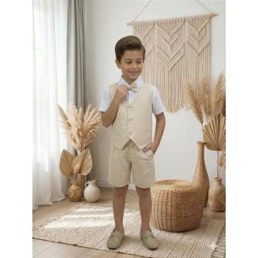 Imagem de Conjunto Social Terno Colete Infantil Menino Pajem Linho Bege - Leandr