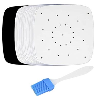 Imagem de Folhas de papel de pergaminho perfuradas para forno a ar fritadeira, 200 peças de papel de cozimento, forro de pergaminho retangular antiaderente para fritadeira a ar, cesta de vaporizador de bambu, papel de cozimento, micro-ondas, forno, quadrado, branco