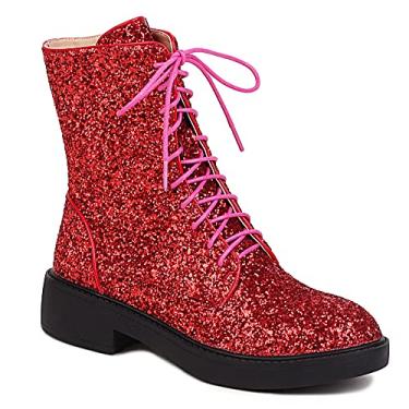 Imagem de YIYA Botas femininas de combate de lantejoulas com glitter, bico redondo, salto baixo grosso, zíper lateral, botins brilhantes, Vermelho, 36