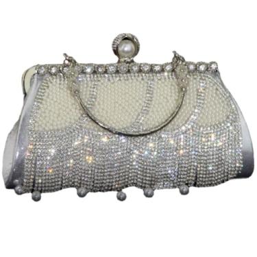 Imagem de Bolsa feminina para festa de casamento, bolsa clutch para noite com borla de cristal e pérola pequena, Prata, M