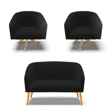 Imagem de Kit 1 Namoradeira E 2 Poltronas Base Madeira A79 Preto