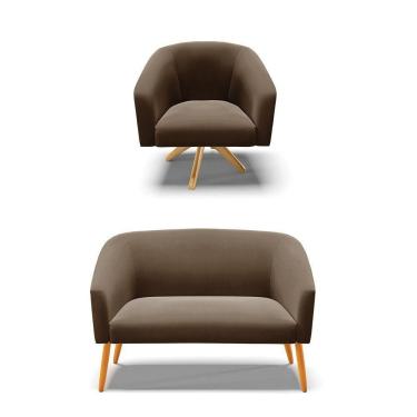 Imagem de Kit 1 Namoradeira E 1 Poltrona Marrom Base Madeira