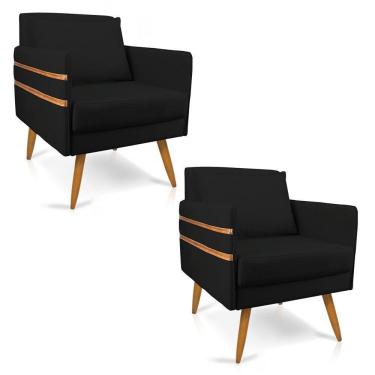 Imagem de Kit 02 Poltronas Mari Suede Preto Pés Palito Castanho