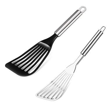 Imagem de Tenta Kitchen Conjunto de ferramentas de utensílios e gadgets, espátulas de metal de aço inoxidável, espátulas de ovo de peixe de nylon, espátulas antiaderentes, espátulas largas com fenda plana de