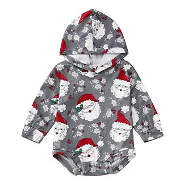 Imagem de Macacão infantil para meninos e meninas de Natal manga comprida com capuz com estampa de Papai Noel para recém-nascidos e meninas, Cinza, 3-6 Meses