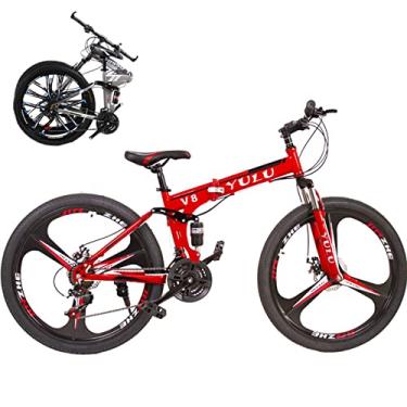 Imagem de Bicicleta dobrável portátil para adultos bicicletas dobráveis para adultos bicicleta de montanha dobrável com garfo de suspensão engrenagens de 66 cm bicicleta dobrável bicicleta da cidade moldura de aço de alto carbono, vermelha/3,24