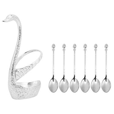 Imagem de Elegante Spoonsswan Colher Titular Liga de Zinco Suporte em Forma de Cisne Conjunto de Colheres de Sobremesa para Cozinha Utensílios de Mesa Suprimentos para Casamento (Padrão de Prata com 6 colheres)