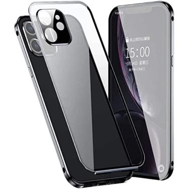 Imagem de HKIDKK Capa de telefone de vidro magnético, capa de telefone de moldura de metal de vidro temperado dupla face transparente para Apple iPhone 12 Mini (2020) 5,4 polegadas (Cor: Preto)