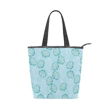 Imagem de Bolsa de mão com alça superior de lona, conchas de criaturas marinhas, bolsa de ombro azul claro para mulheres
