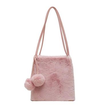 Imagem de Bolsa feminina TENDYCOCOCOCO, bolsa de ombro tipo balde de sintética, bolsa de mão felpuda de cor lisa, rosa, 26*26cm