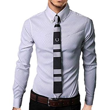 Imagem de SOUGAO Camisa social masculina xadrez manga longa slim fit colarinho abotoado, Branco, M