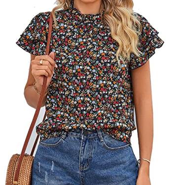 Imagem de Camisetas femininas casuais com estampa floral, blusas de gola redonda blusas camisas manga curta verão, D, G (busto: 107 cm)