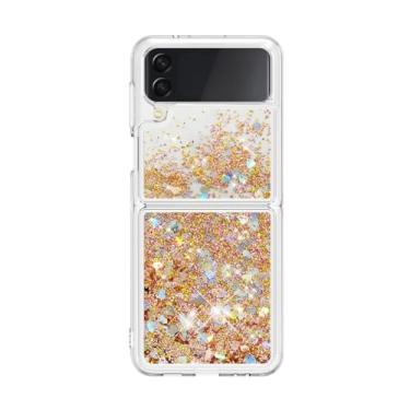 Imagem de Para Samsung Z Flip 4 flip 5 Capa luxuosa com glitter areia movediça para Samsung Galaxy Z Flip5 Zflip 3 4 5 Capa gradiente Bling à prova de choque, dourada, para Samsung Z Flip 4
