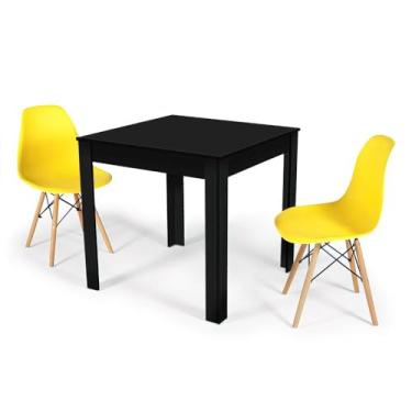 Imagem de Conjunto Mesa de Jantar Quadrada Sofia Preta 80x80cm com 2 Cadeiras Eames Eiffel - Amarelo