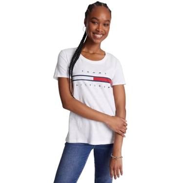 Imagem de Tommy Hilfiger Camiseta feminina de algodão de desempenho – Camisetas estampadas leves, (Coleção Bandeira 2024) Branco óptico, P