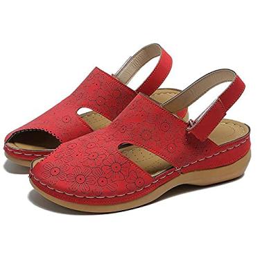 Imagem de Sandálias femininas de suporte de arco, sandálias femininas com dedos abertos, sandálias com plataforma confortável de verão, sandálias casuais lisas de couro floral, vermelhas, 36EU