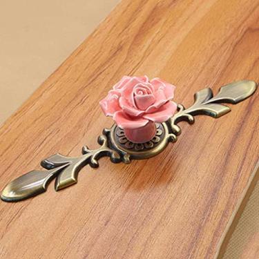 Imagem de Maçaneta de porta de base cerâmica rosa branca rosa flor maçaneta de porta armário de cozinha armário gaveta maçaneta de furo único