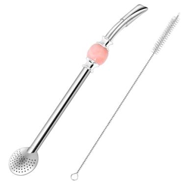 Imagem de Canudo reutilizável Bombilla Yerba Mate - Filtro de aço inoxidável removível estilo colher com uma linda conta - Canudo de metal para beber chá de folhas soltas - Inclui escova de limpeza (rosa)