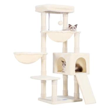 Imagem de Árvore para gatos Hey-brother MPJ006-MM, torre, casa e condomínio confortável, com cama grande acolchoada, para gatos internos, redes, postes para arranhar de sisal, arranhador grande, bege