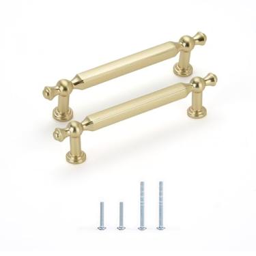 Imagem de Satanga Puxadores de armário de cozinha latão escovado moderno maçanetas de gaveta 9,5 cm pacote com 10 ferragens decorativas para puxadores rústicos de cômoda antiga porta de armário móveis de