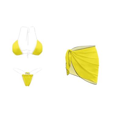 Imagem de Spowatriy Biquíni feminino com saída de praia 3 peças triangulares tiras transparentes roupa de banho tanga sexy, Amarelo, XXG