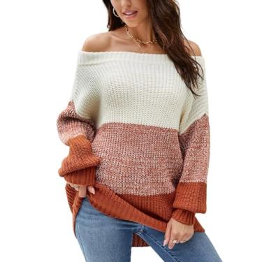 Imagem de VIMPUNEC Suéter feminino superdimensionado color block off the shoulder pulôver suéter tricô grosso listrado tops branco marrom GG