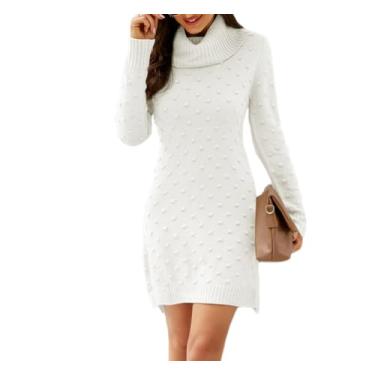 Imagem de Ruixinxue Vestido feminino elegante de jérsei de gola rolê slim fit fenda lateral minivestido de manga comprida suéter Unicolor, Branco, M